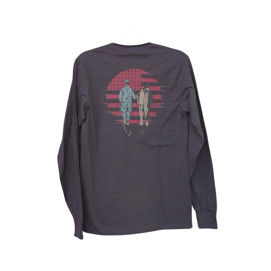 Long-sleeve shirt with a graphic design on the back against a white background