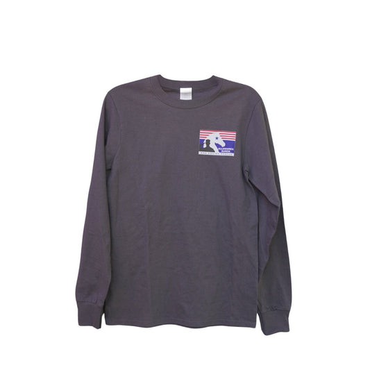 Gray long-sleeve shirt with a small graphic on a white background