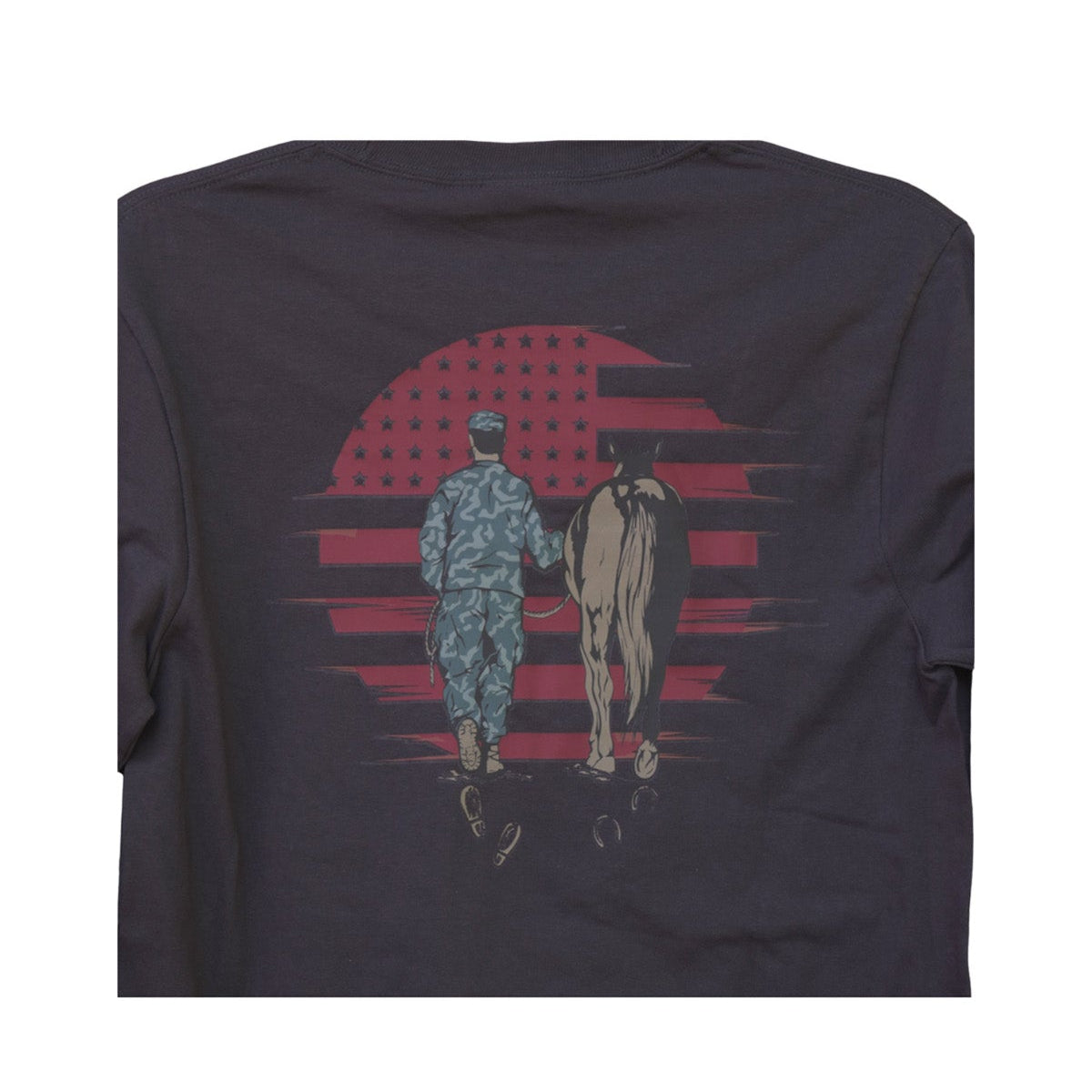 Grey long sleeve shirt with a graphic of a soldier and horse on a red, white, and blue flag design.