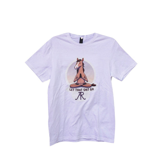 White t-shirt with a graphic design on a white background